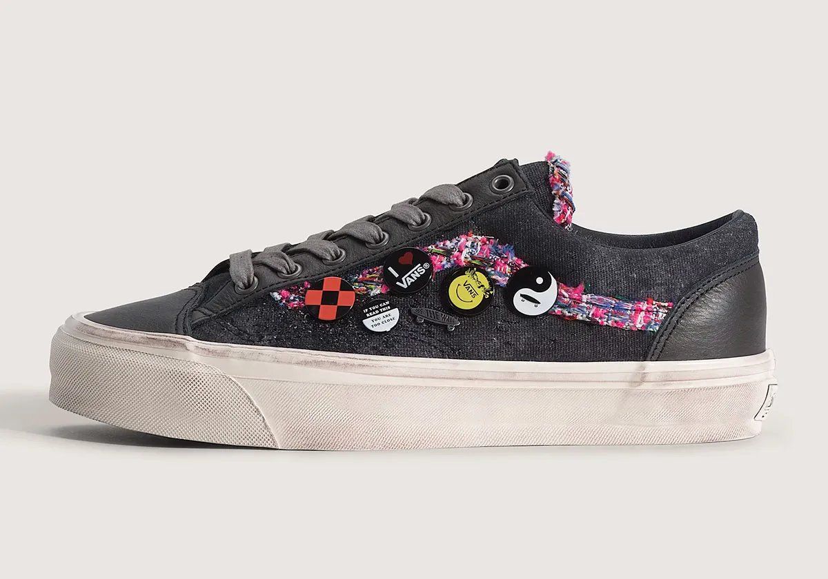 Vans Old Skool 36 'Souvenir' in black with boucle sidestripe and distressed sole detail