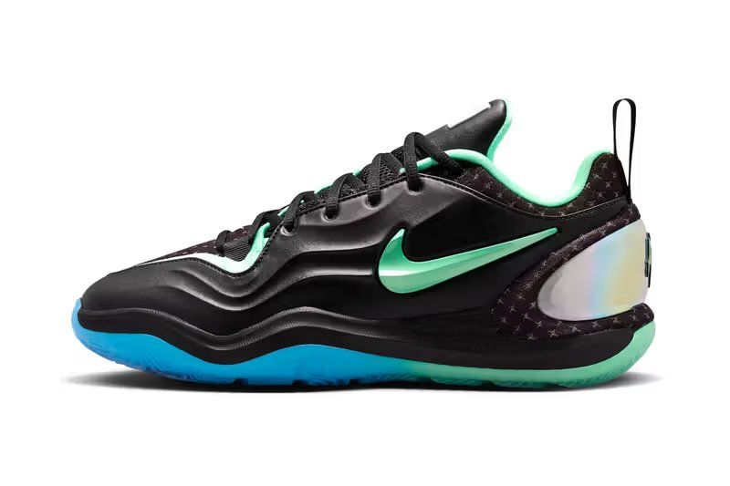 Nike A'Two "Nike Nationals" in black with Blue Glow and Green Glow accents, side profile showing Cushlon 3.0 midsole and Air Zoom technology