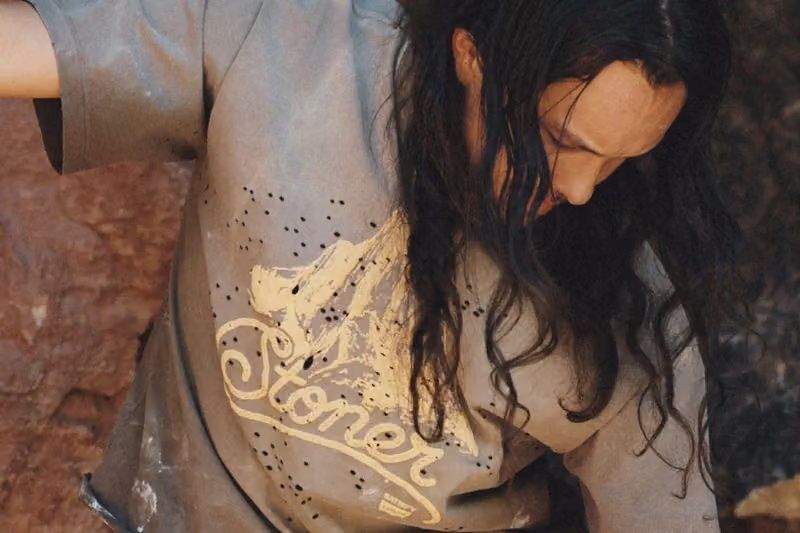 SATISFY x Levi's STONER collection stonewashed Type II Trucker Jacket and 501 jeans displayed with detail shots of denim finish and branding
