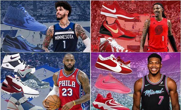 Collection of Nike and Puma signature basketball shoes in team colorways matching new NBA franchises for LeBron James, Jaylen Brown, LaMelo Ball, Ja Morant, and Giannis Antetokounmpo