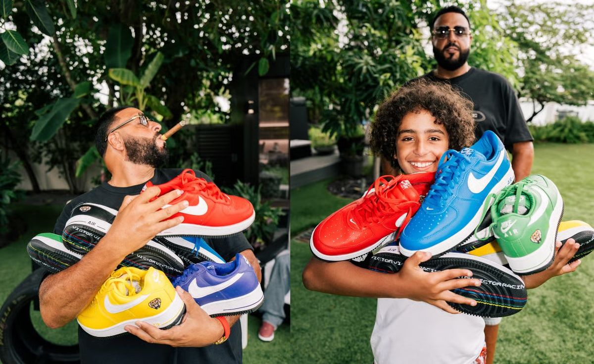 DJ Khaled holding multiple colorways of the Victor Victor x Nike Air Force 1 Low '01 collection in red, yellow, black, purple, and blue