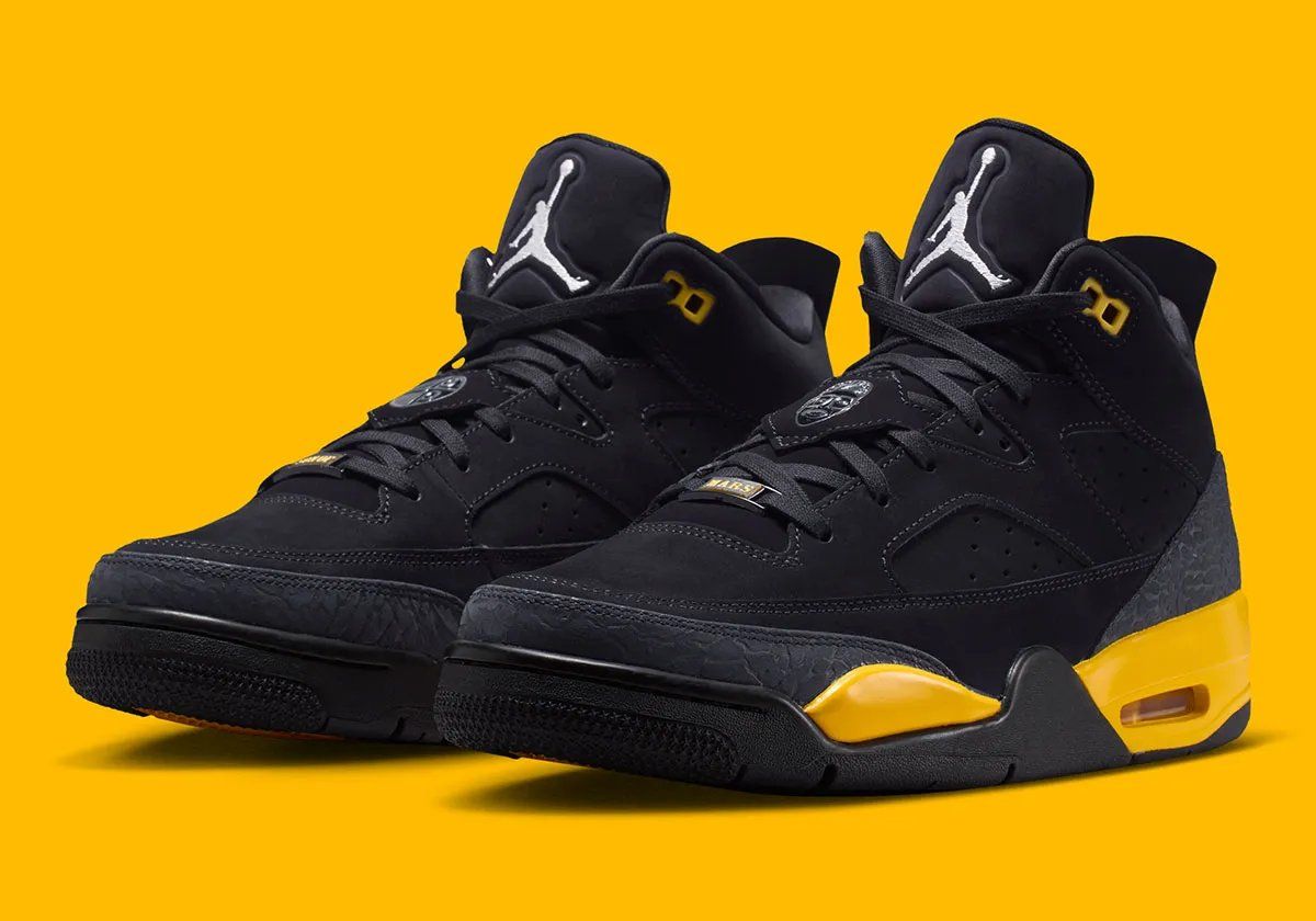 Jordan Son of Mars Low in Thunder colorway featuring black upper with Dark Smoke Grey elephant print and Tour Yellow sole accents