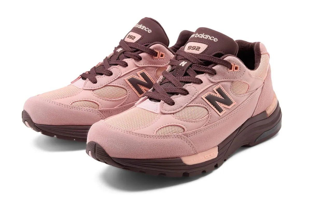 New Balance 992 in Pink Chalk colorway with Cherry Leather accents on tongue and midsole