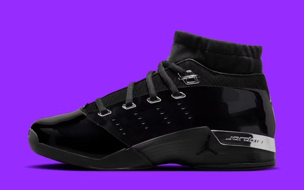 Air Jordan 17 Low in Black Patent colorway, side profile view showing glossy patent leather upper and low-top silhouette