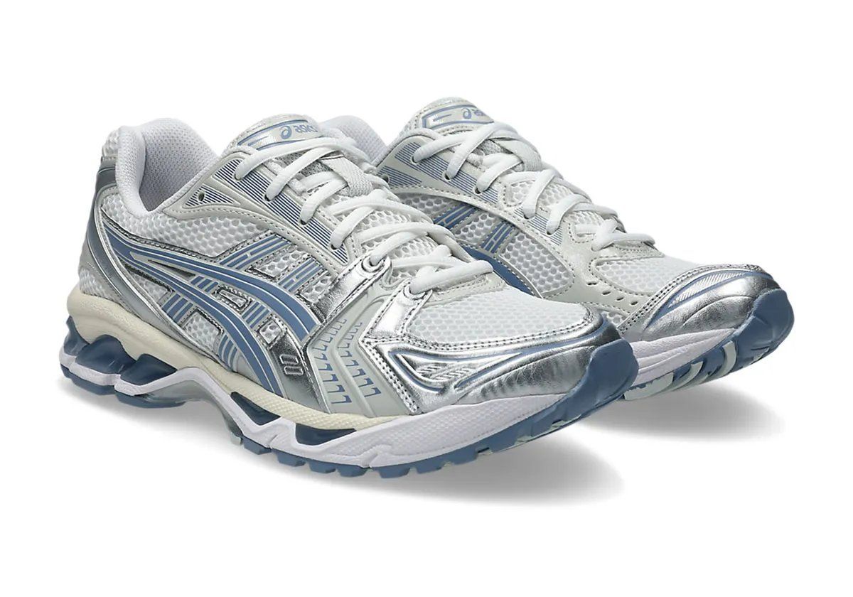 ASICS GEL-Kayano 14 in Light Navy colorway, showing split tongue construction and lateral gel unit