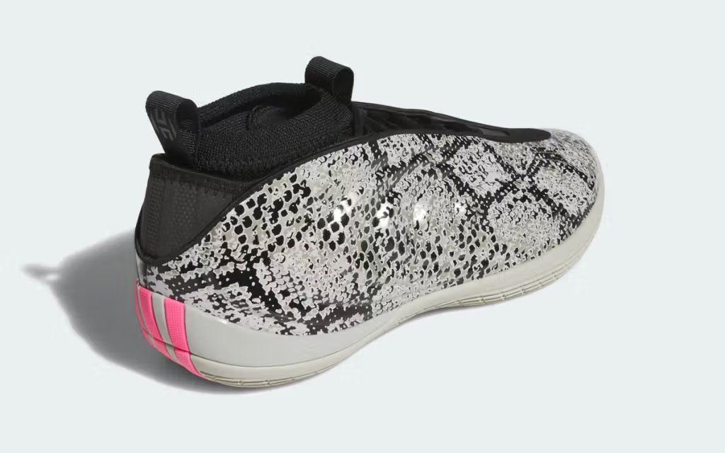 Adidas Harden Vol. 10 in greyscale with snakeskin texture detailing across the upper and midsole