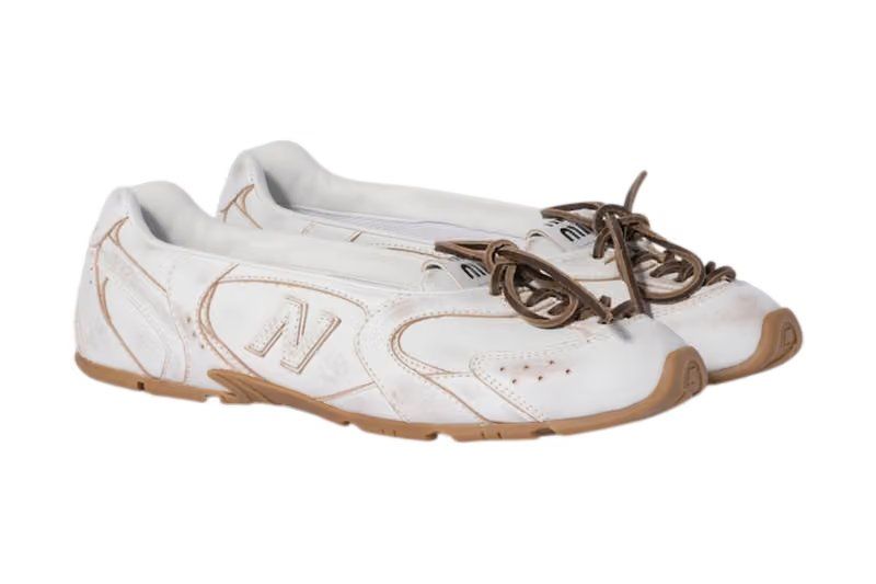 Miu Miu x New Balance 530 SL ballet flat in white deco leather, featuring laced upper and performance sole construction