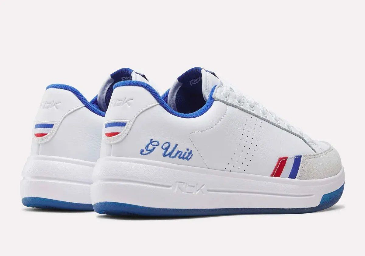 Official product images of the Reebok G-Unit G6 retro in white leather with red and blue accents
