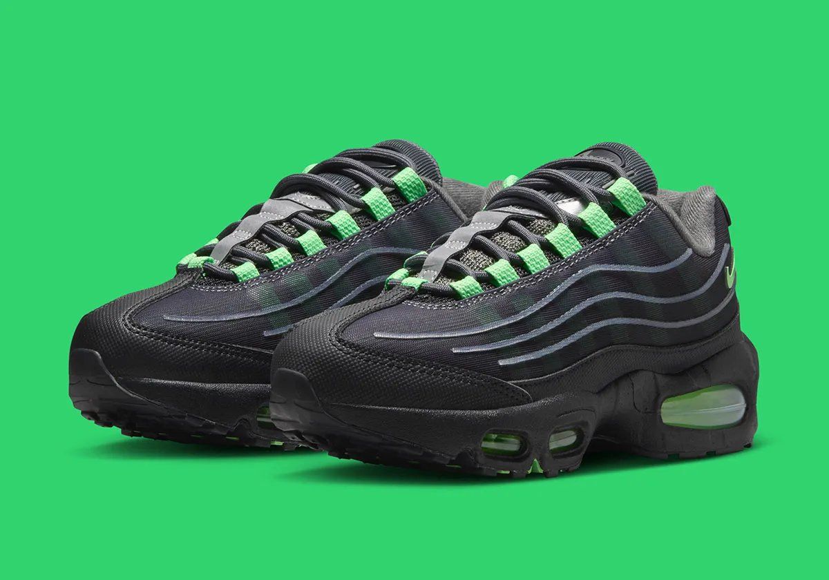 Nike Air Max 95 Tech in Illusion Green colorway with black and iron grey base, showing mesh and TPU construction details