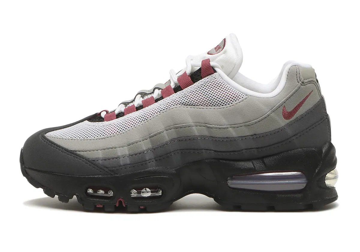 Nike Air Max 95 Pink Smoke in grey suede with pink smoke accents and black midsole, women's sizing