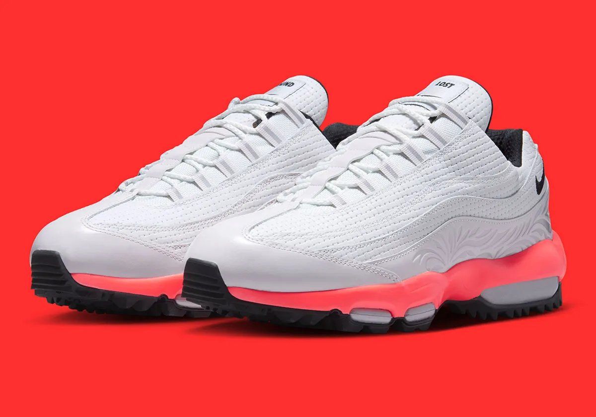 Nike Air Max 95 Golf Lost and Found with bright pink midsole, woven upper, and floral molding details inspired by 1925 Wanamaker Trophy
