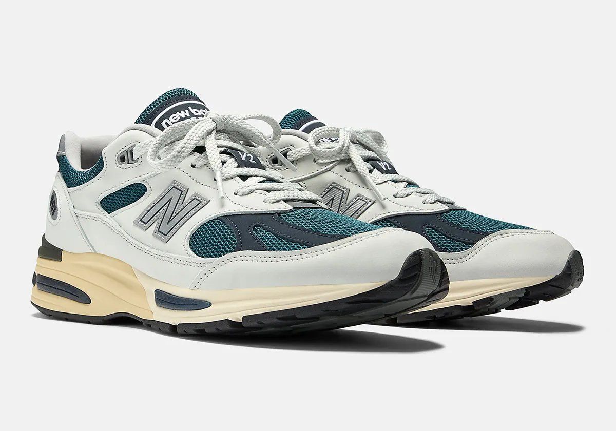 New Balance 991v2 "Total Eclipse" with white leather upper, navy and teal colorway details