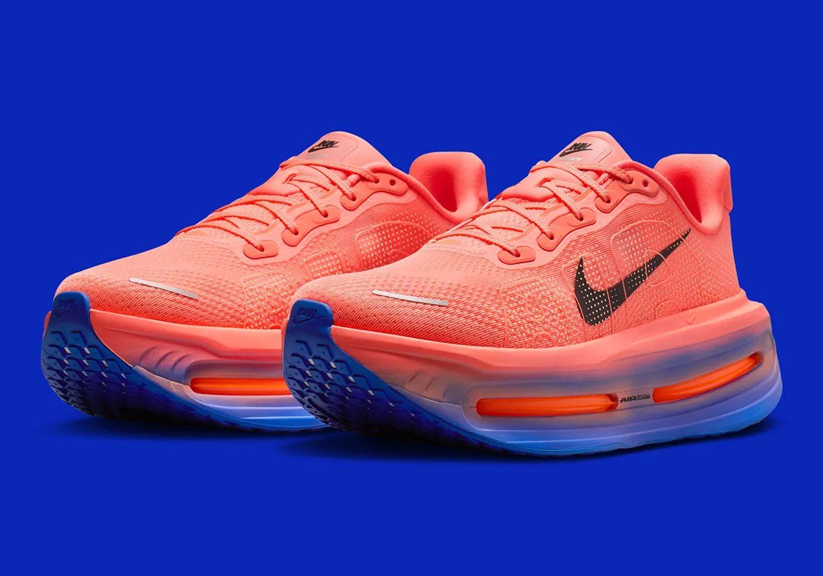 Nike Vomero Premium in Crimson and Blue colorway with gradient midsole detail and repositioned Nike Run tongue emblem
