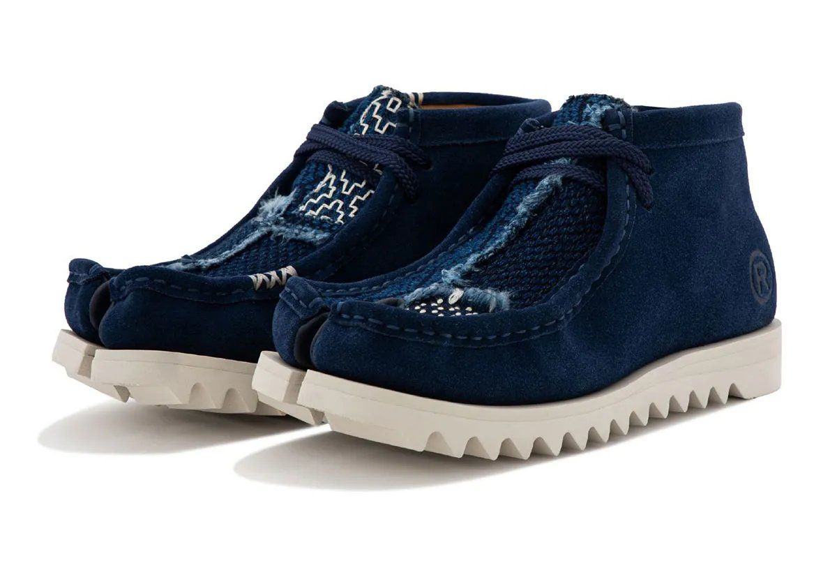 BAPE Manhunt Tabi Toe in navy suede with sashiko-inspired distressing and asymmetrical geometric print details