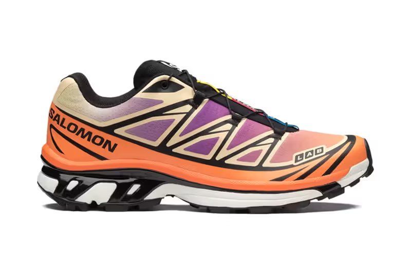 Salomon XT-6 Black/Almond Cream sneaker featuring orange and purple accents on cream base with black overlays