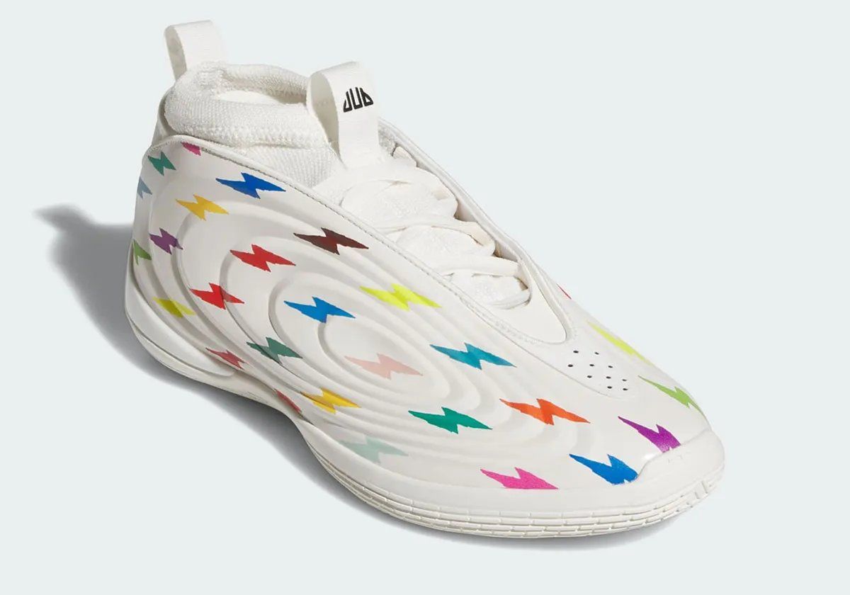 adidas Harden Vol. 10 "Thunderbolt" in white with multicolor lightning bolt graphics, Jalen Williams player exclusive