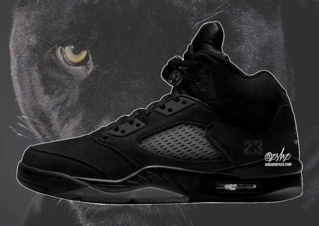 Air Jordan 5 Black Cat in black nubuck with Nike Air heel branding and original-style 23 detailing, scheduled for Fall 2027