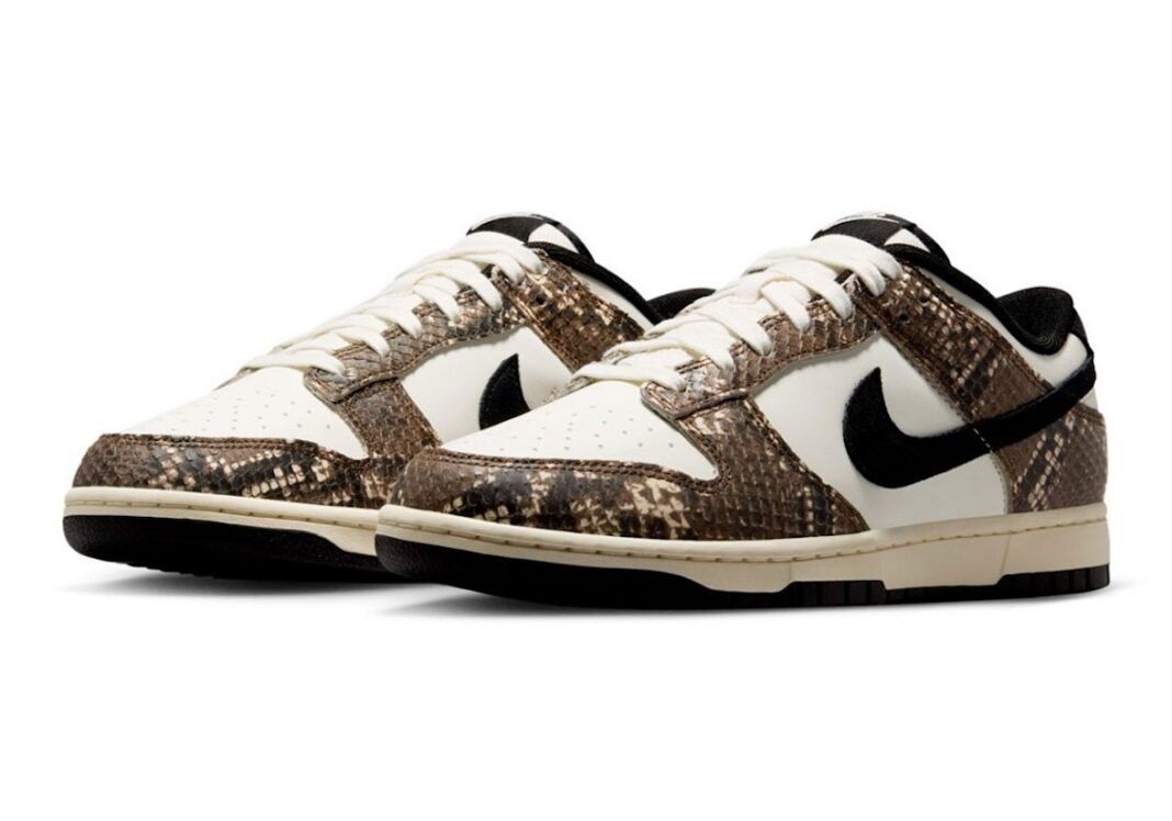 Nike Dunk Low Snakeskin in brown with pearl leather and black suede accents, releasing Summer 2026
