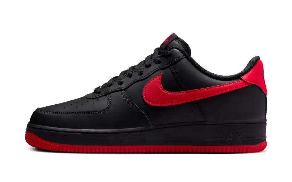 Nike Air Force 1 Low in black leather with red accents, Bred colorway