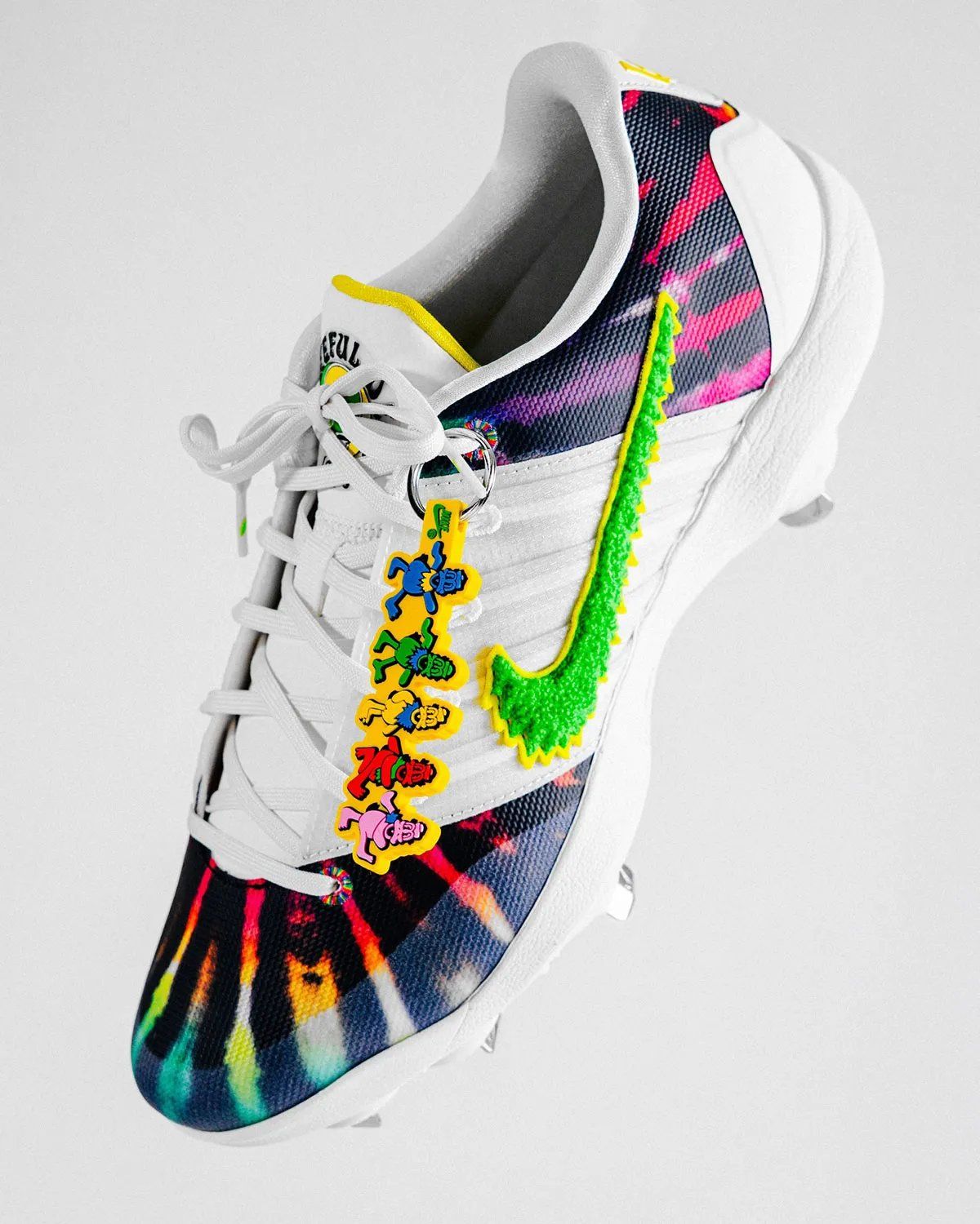Nike Sabrina 3 GD MTL baseball cleat in tie-dye with chenille Swoosh, Oregon Ducks Grateful Dead player exclusive