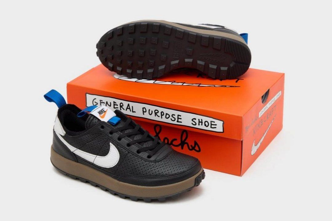 Tom Sachs x NikeCraft General Purpose Shoe "Demerits" in Black, White, Team Royal, Team Orange, and Gum Dark Brown colorway with full leather upper