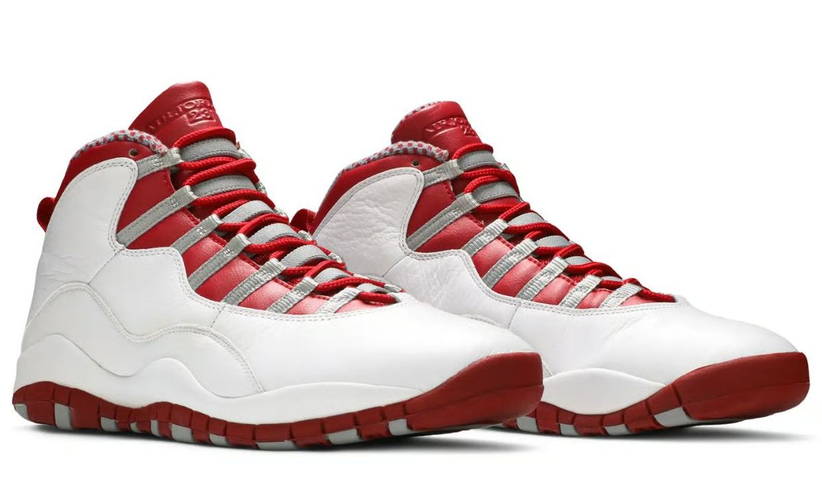Air Jordan 10 Retro in Steel Red colorway with white base and red accents, displayed in profile view