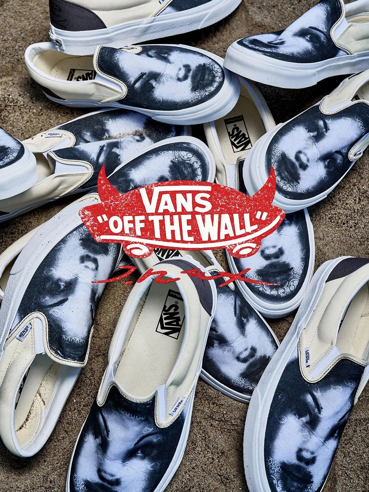 Vans OTW x T-REX Slip-On in cream and white, featuring hazy portrait and ornamental screen-printed design