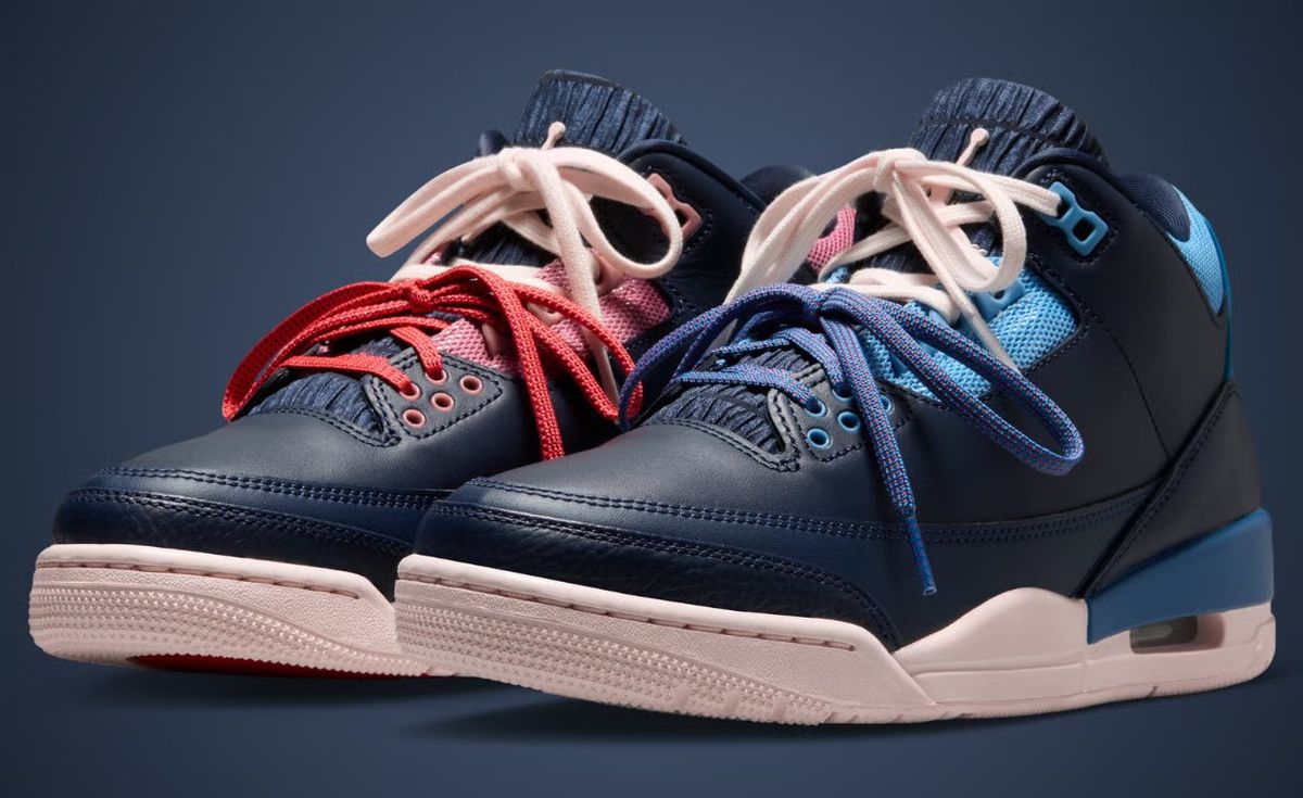 Air Jordan 3 Sports Renaissance featuring navy blue upper with mismatched red and blue asymmetrical accents, nylon mesh detailing, and scrunched tongue design