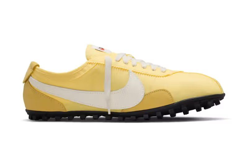 Nike Moon Shoe Soft Yellow colorway with Black and Soft Pearl accents, women's track silhouette
