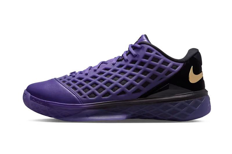 FC Barcelona x Nike Kobe 3 Low Protro in Electro Purple and Black with metallic gold accents, showing custom club crest branding and dual-tongue design