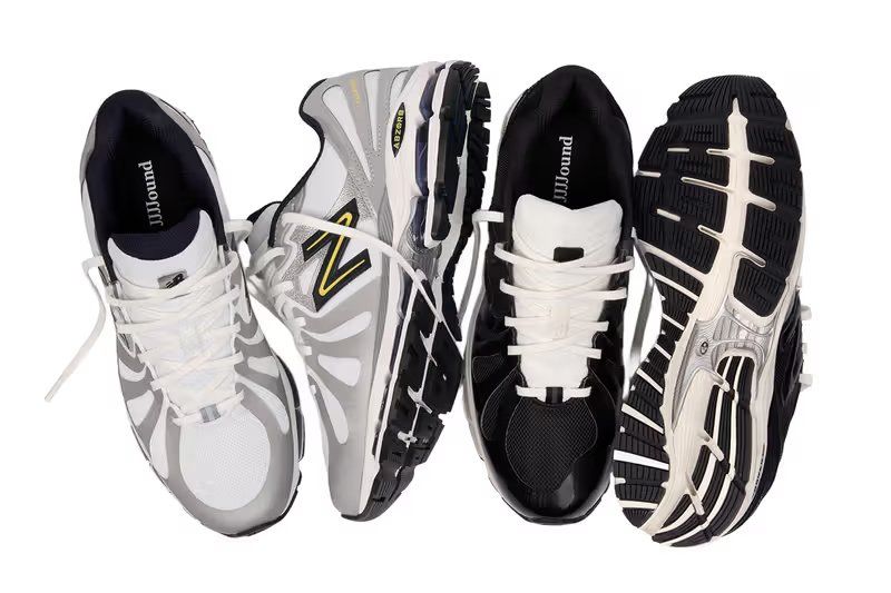 JJJJound x New Balance 1890 in black and silver colorways, side profile view showing technical '90s runner construction