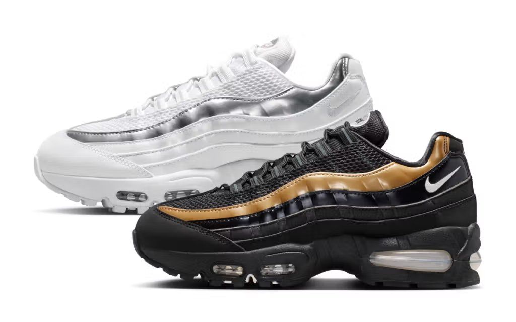 Nike Air Max 95 in Black/Gold and White/Silver colorways showing visible Air unit and layered mesh construction