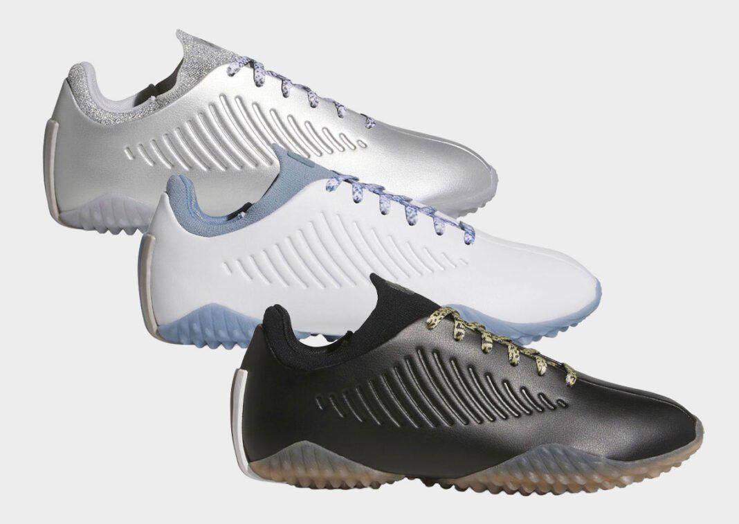Women's adidas Ballerina Spikeless Golf Shoe in Silver Metallic, showcasing the slim silhouette and low-profile design adapted for golf performance.