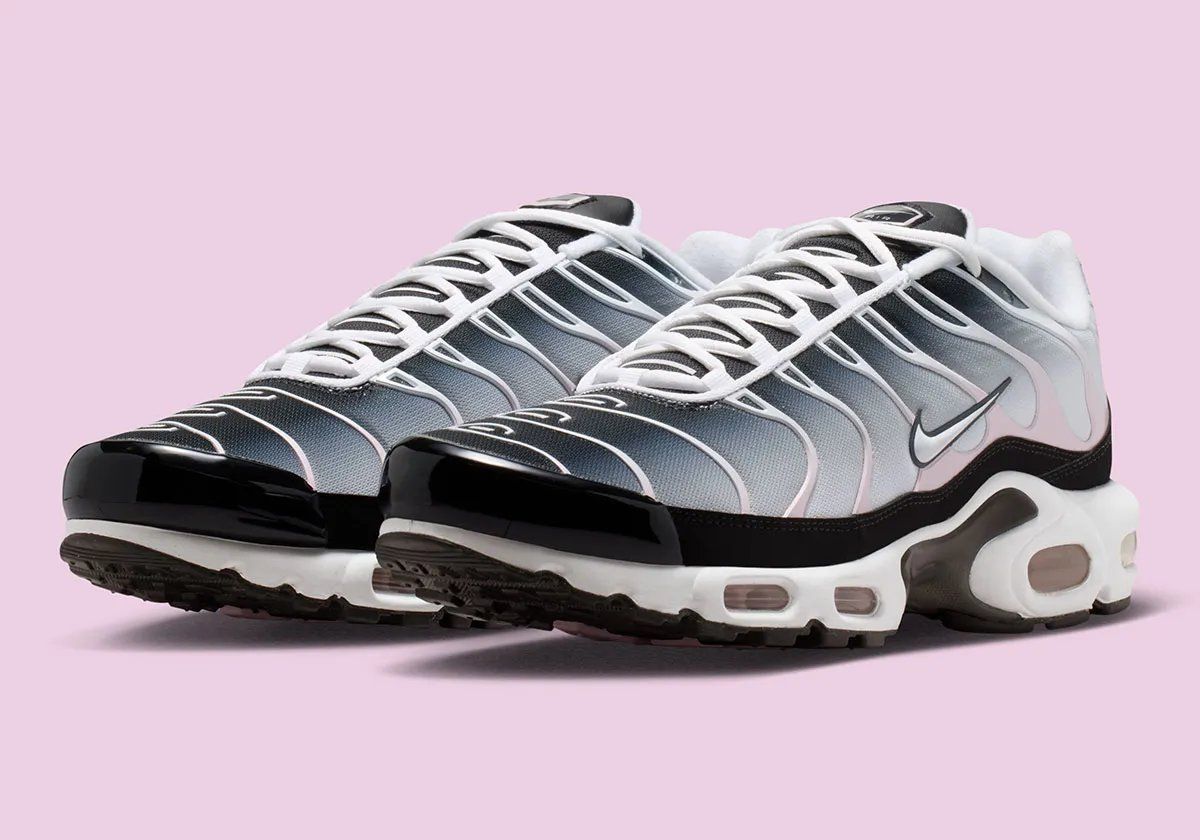 Nike Air Max Plus in Pink Foam colorway showing the TN silhouette's ribbed mesh and tubular design