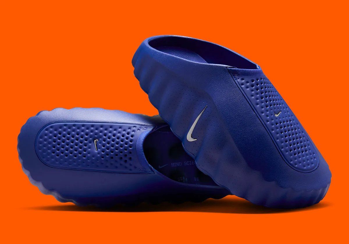 Nike Mind 001 Old Royal women's slip-on with Midnight Navy foam nodes, shown from multiple angles