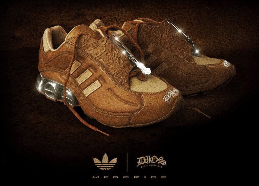 DIOS x adidas Megaride Friends & Family in saddle tan leather with embossed paisley shroud detail