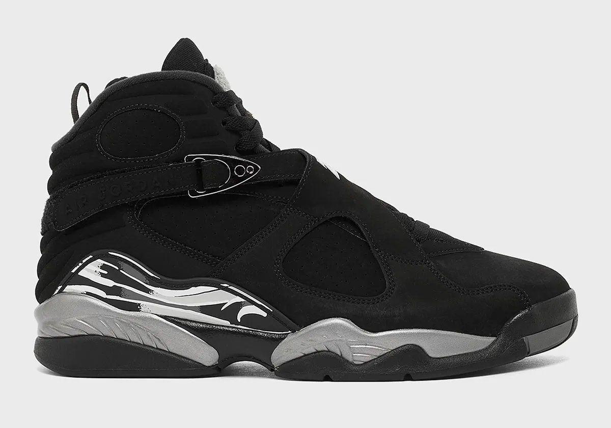 Air Jordan 8 Black Chrome featuring black upper with chrome accents and white/grey/black mudguard detailing