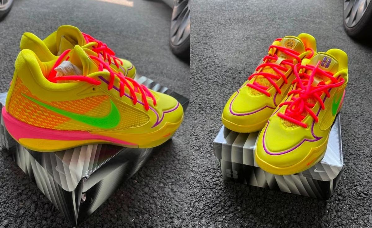 Nike Sabrina 4 EYBL PE in yellow, purple, and orange colorway with tennis ball green Swoosh and hot pink laces