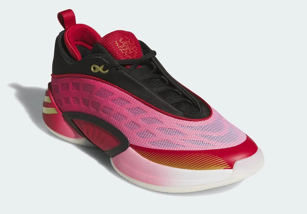 Adidas DON Issue #8 in Cavaliers wine, red, and gold colorway with gradient mesh upper and metallic gold branding