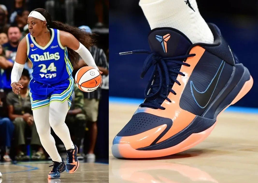 Arike Ogunbowale wearing exclusive Nike Kobe 5 Protro PE with split navy, coral, and blue colorway during Dallas Wings game