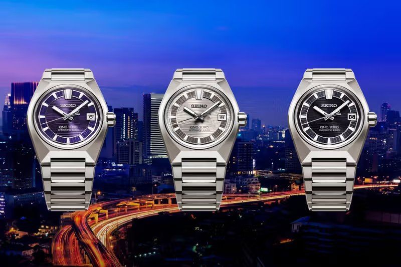 Three Seiko King Seiko Vanac titanium watches in purple, gray, and black colorways with 41mm bezel-less cases