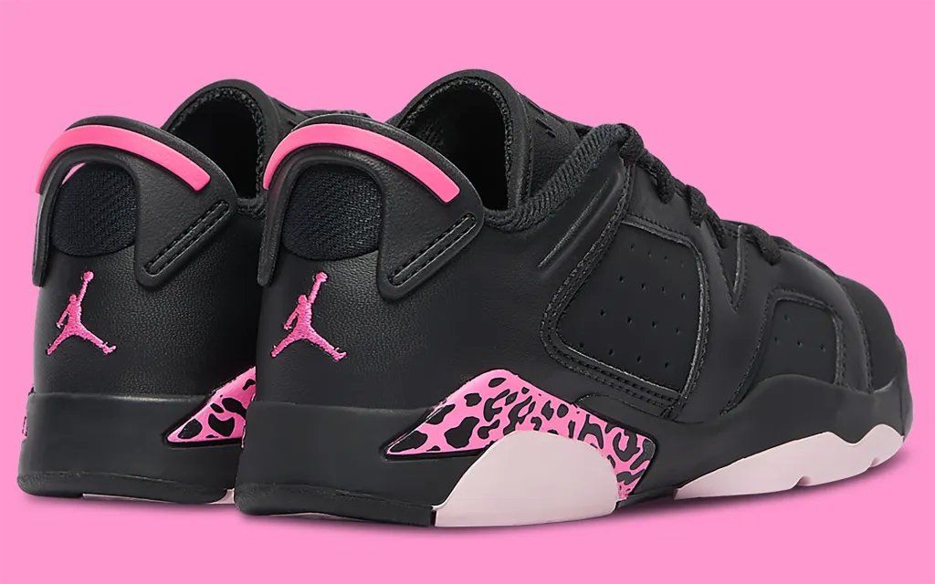 Jordan Air Jordan 6 Low in Black/Pink Leopard colorway, kids' sizing, featuring leopard-print upper detailing and low-cut silhouette