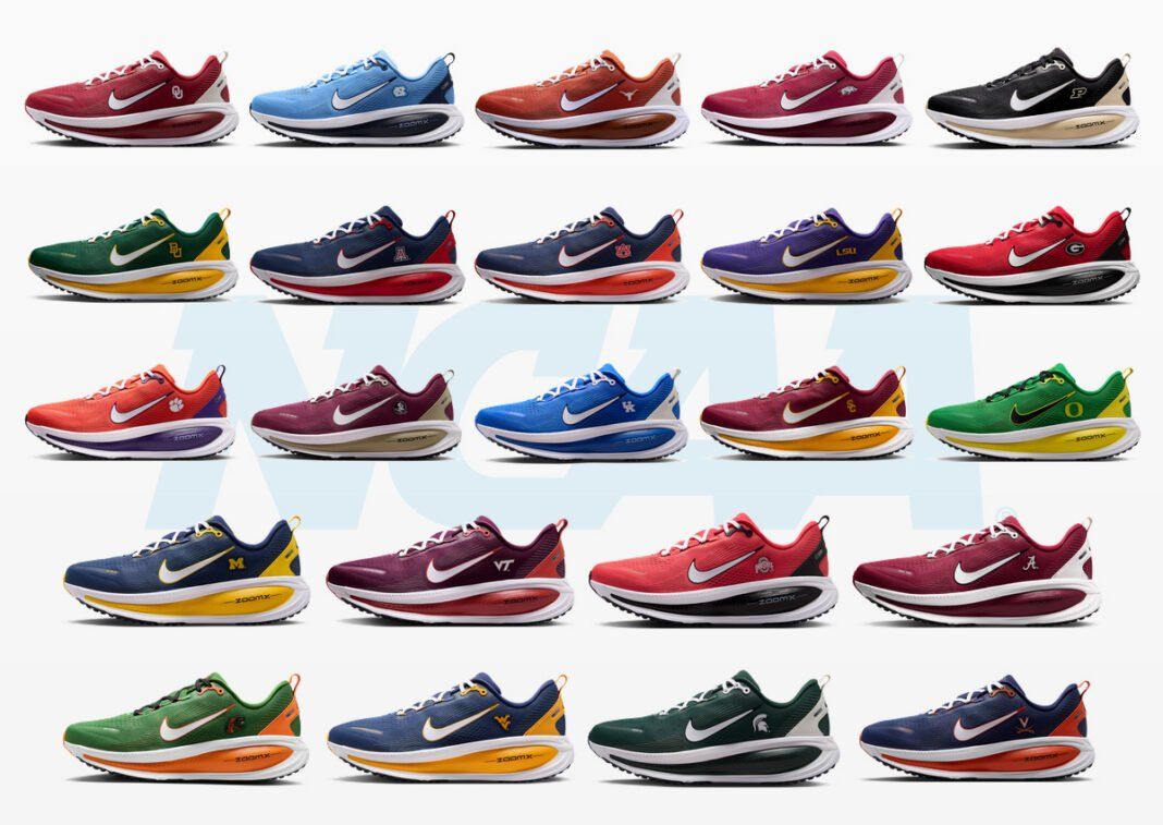 Nike Vomero 18 NCAA collection showing multiple school colorways with mesh uppers and team-specific color blocking