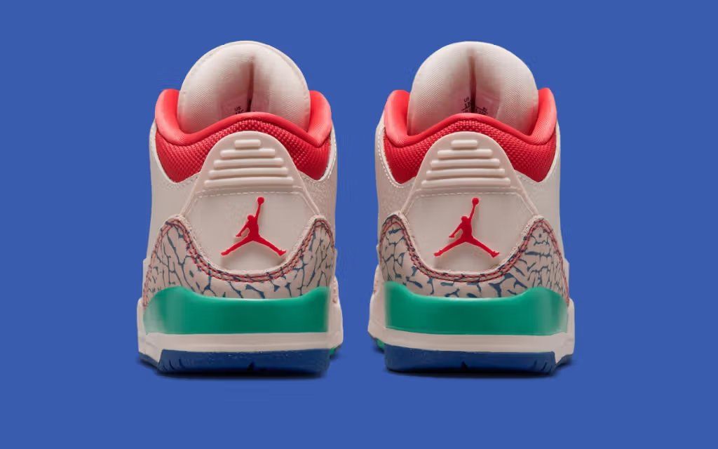 Kids Air Jordan 3 Retro in Chalk and Track Red colorway, side profile view showing elephant print and ankle collar detail
