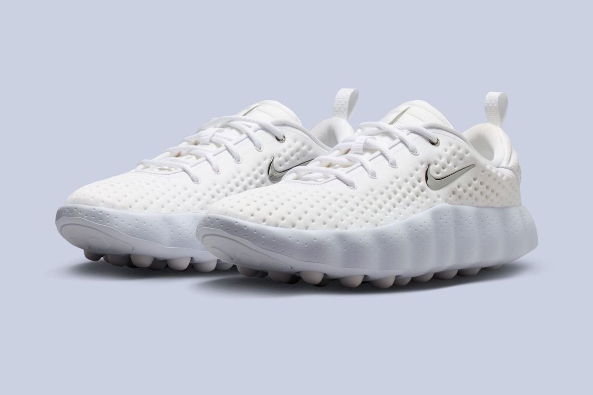 Nike Mind 002 Triple White colorway in white, grey, and metallic silver, releasing July 23, 2026