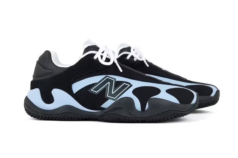New Balance Maxey V1 signature sneaker in black and light blue colorway, low-top basketball shoe design
