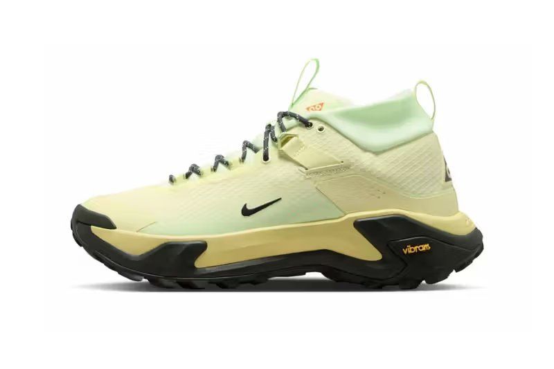 Official product shot of the Nike ACG Zegama Hike in Life Lime colorway, showing neon upper with black detailing and jagged rubber outsole