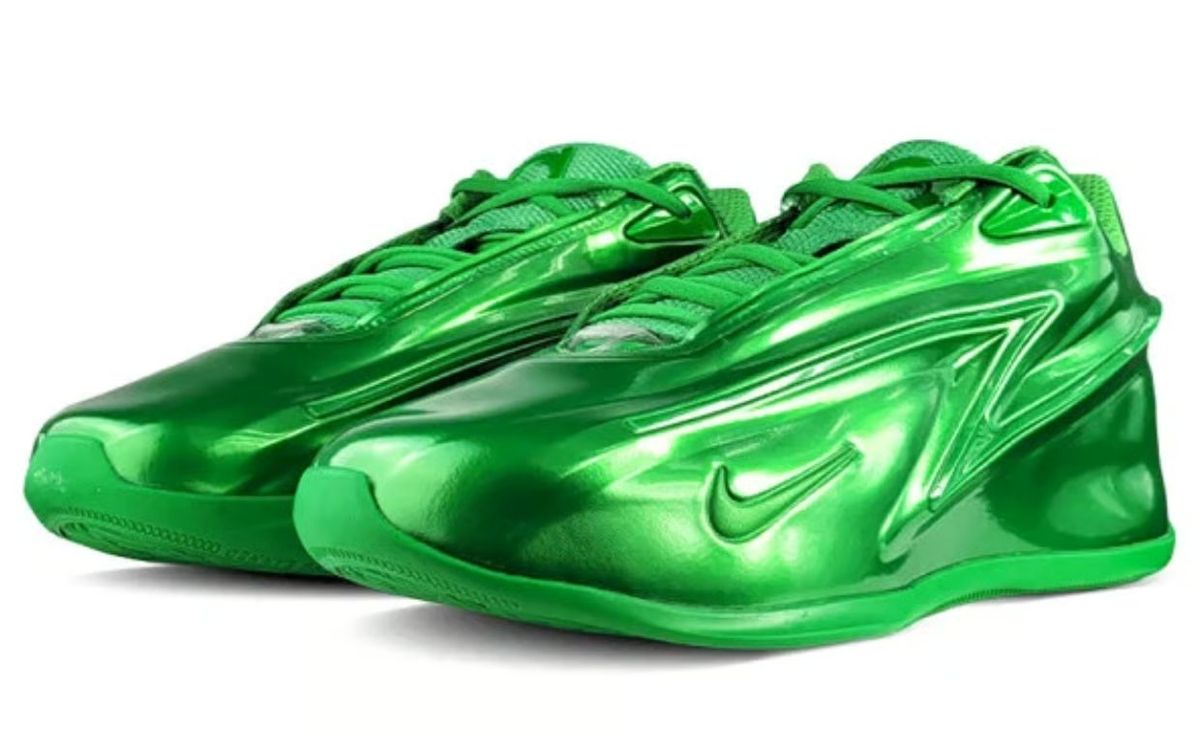 Nike KD 19 Gorge Green sneaker in glossy metallic green with matching outsole, displaying the full monochromatic candy-coated colorway.