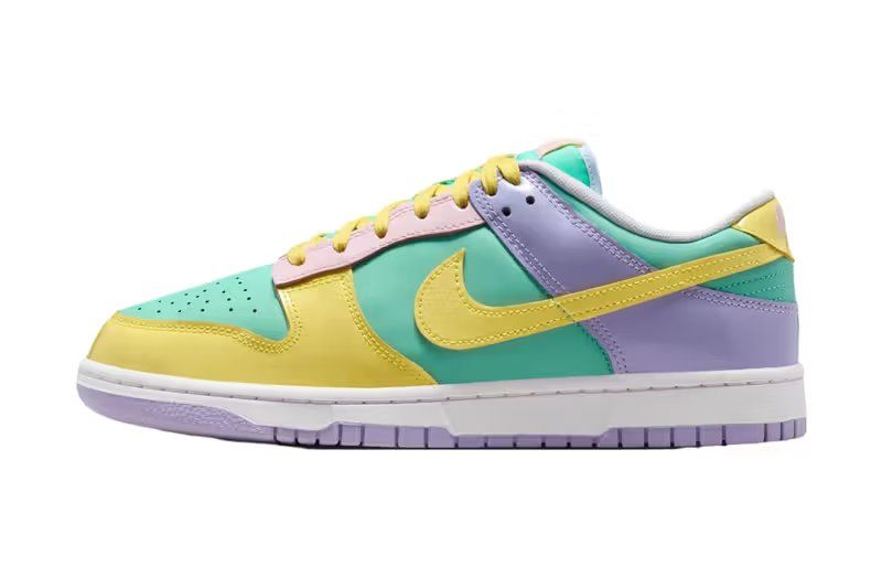 Nike Dunk Low Easter in Emerald Rise, Yellow Pulse, and Hydrangea colorway, showcasing spring pastel palette