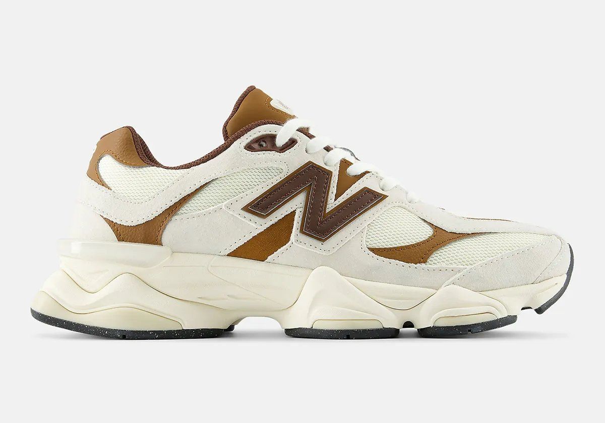 New Balance 9060 in Breakfast Tea/Angora colorway, featuring off-white uppers with sparrow brown accents on heel tab and tongue